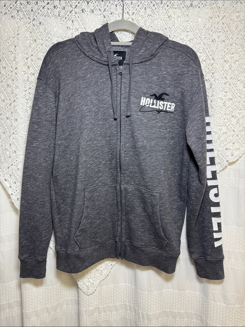 Hollister Men's Charcoal Gray Zip-Up Hoodie with Sleeve Logo